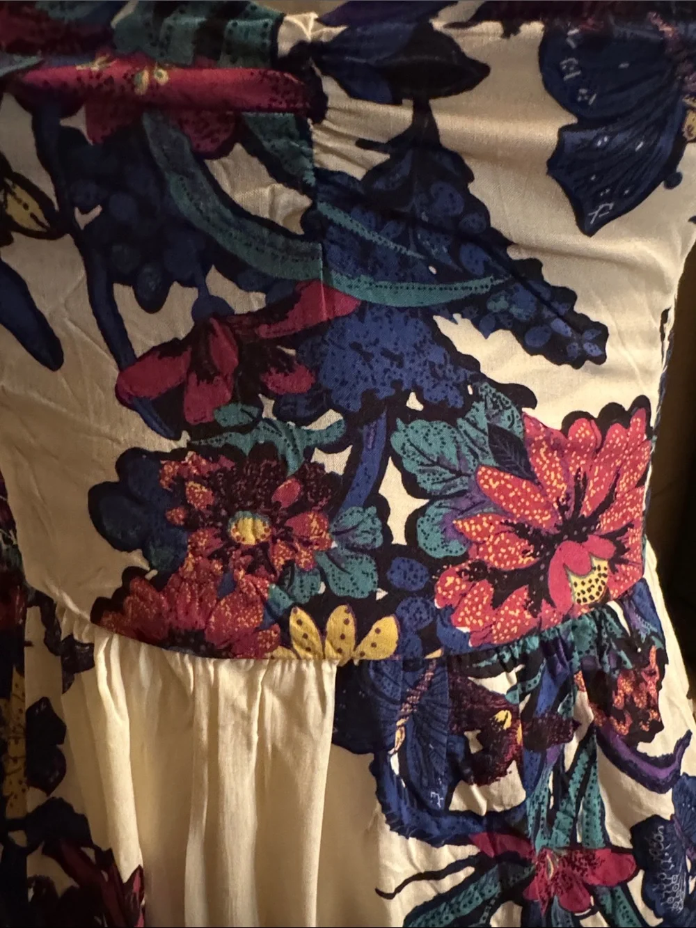 Free People Cream Maxi Dress with Blue, Green & Maroon Floral Print, Sz Small